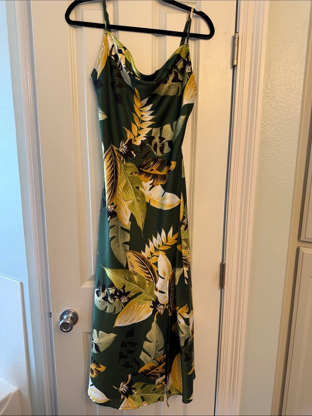 Emerald Green Tropical Slip Maxi Dress with Yellow Leaf Motif